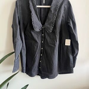 Black Button-Up Shirt with Ruffled Collar